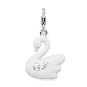 925 Sterling Silver Polished 3-D Enameled Swan Bracelet Charm Lobster Clasp